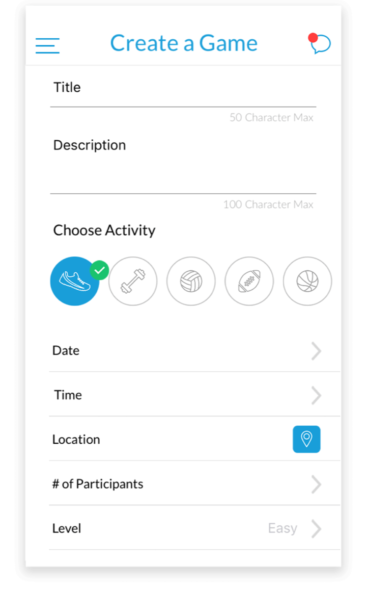 Fitnus create-a-game screen