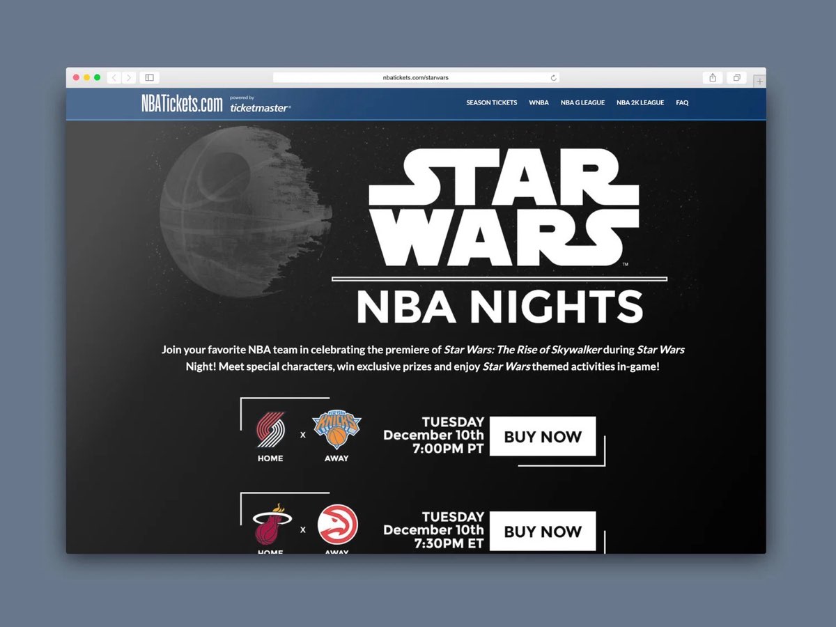 Star Wars NBA Nights page on NBATickets.com